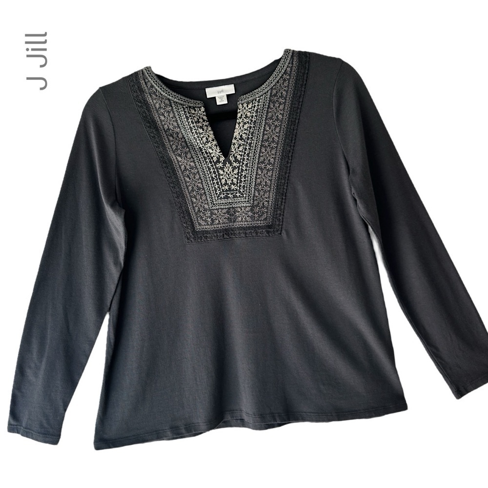J JILL | NWOT FAIR ISLE EMBROIDERED TOP SNOWFLAKES  SPLIT NECK LONG SLEEVE | XSP